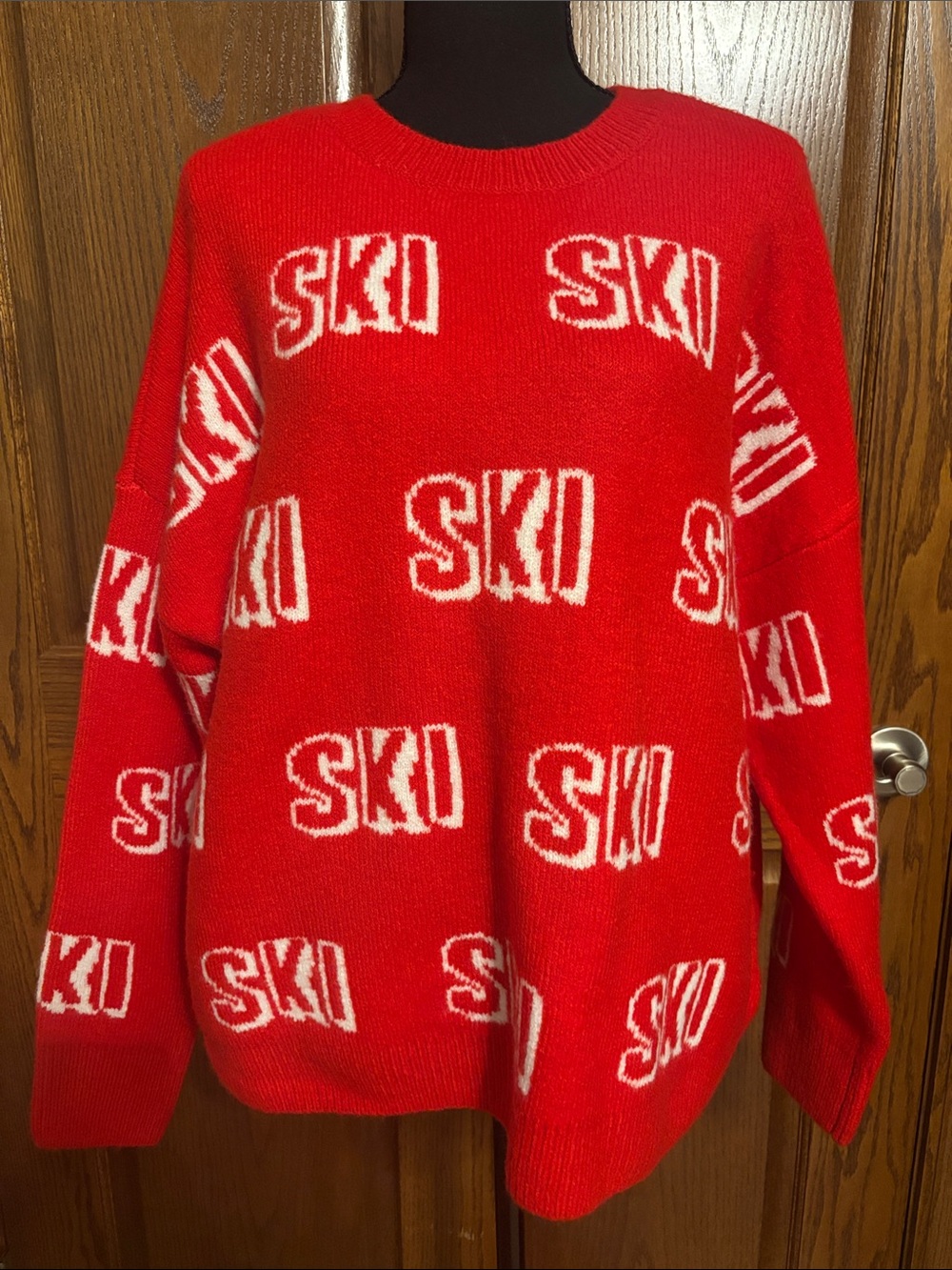 NWT! CeCe Red Crewneck Sweater with White 'SKI' Graphic